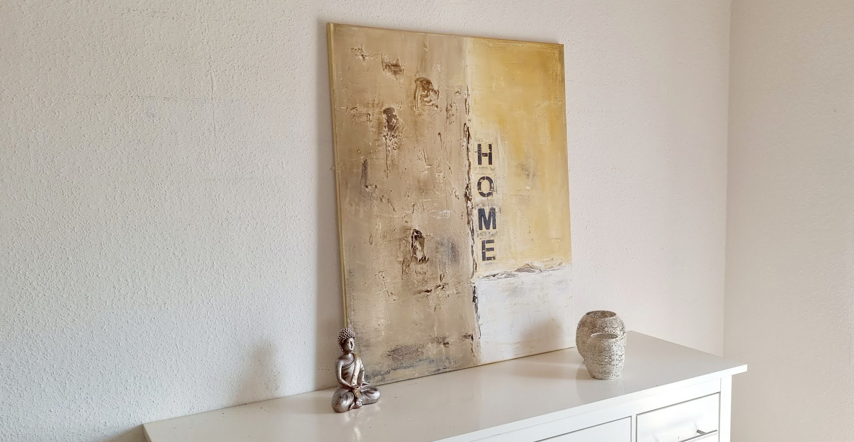 JEAN SANDERS - Bild 100x80cm,"HOME" Wanddeko,Umzug,Einweihung,creme,beige,weiss,braun,schwarz,elegant,handgemalte,Wandbild,handgemalt Kunst.