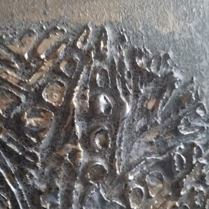 May include: Close-up of a textured, metallic surface with a silver and gray color scheme. The surface has a raised, abstract pattern that resembles a natural landscape.