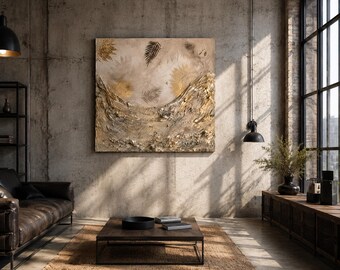 Beige Gold Painting 80x80 cm / 31.5x31.5 in | Textured Wall Art with Leaf Details | Calm Nature Inspired Canvas. Handpainted unique
