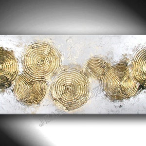 May include: Abstract painting with a white background and gold concentric circles. The circles are arranged in a flowing pattern across the canvas.