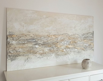JEAN SANDERS-Wandbild 140x100cm,Wanddeko.Handgemalt.creme beige goldsilber hellgrau abstrakt edel modern elegant ,Bilder-Noch mehr im Shop