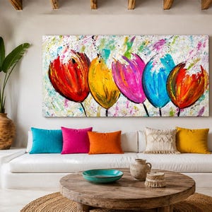 Jean Sanders  Blumen Bild Tulpen, bunt tolle Farben, abstrakt 150x80cm - handgemalte Unikate