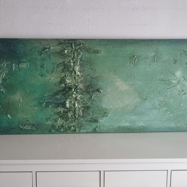 JEAN SANDERS -150x60cm Strukturbild-Grüntöne smaragdgrün silber schwarz,Quer-oder Hochformat.Bild, Gemälde, Wanddeko. Frühling. Mehr im Shop