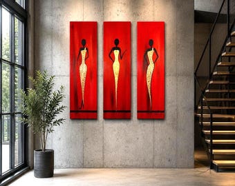 Hand-Painted Reproduction | 3 Pieces 30x90cm / 11.8x35.4in each | Red Black Gold Figurative Art