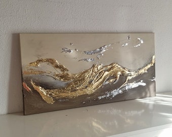 JEAN SANDERS structural picture 3D effect 100 x 50 cm high quality modern elegant, beige cream brown gold leaf & silver texture, hand painted.More in the shop!