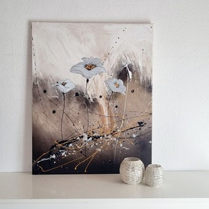 JEAN SANDERS 100x80cm-braune Töne,silber Blumen-modern abstrakt,Wohndeko,Büro,Wandbild, Original handgefertigte Kunstmalerei. Mehr im Shop !