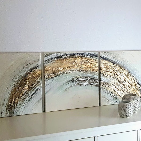 Jean Sanders-150x50cm-Tryptichon-3-teilig,beige,braun,creme,gold Struktur,Original,Unikat,modern,Texture,3DBild,handgemalt,Wanddeko,Wandbild