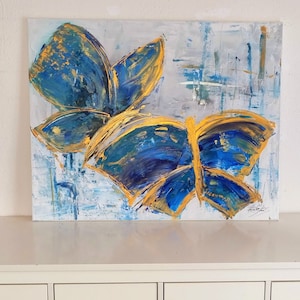 JEAN SANDERS -100x80cm- BUTTERFLY  blau petrol gold weiss, handgemalte Unikate. Bild, Gemälde, Wanddeko. Frühling. Mehr finden Sie im Shop