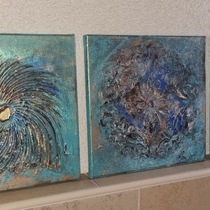 JEAN SANDERS Strukturbild-3D meallic Effekt hochwertig modern,petrol blau türkis metallicgold/silberTextur,handgemalt.Mehr Gemälde  im Shop!