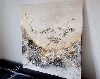 JEAN SANDERS-Struktur Bild 80x80cm,creme,weiss,metallicgold/silber,dunkelbraun,schwarz.Elegante moderne Wanddeko,Wandbild,handgemalt,Kunst.