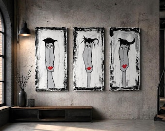 3-częściowy obraz w stylu pop-art, 150 x 100 cm | Czarny, biały, czerwony | Twarze figuralne, w 100% ręcznie malowane, nie wyprodukowano w Chinach