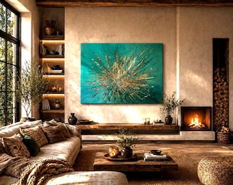 Turquoise and Gold Canvas 140x80 cm | Radiant Statement Art for Modern Interiors | Textured Original by Jean Sanders