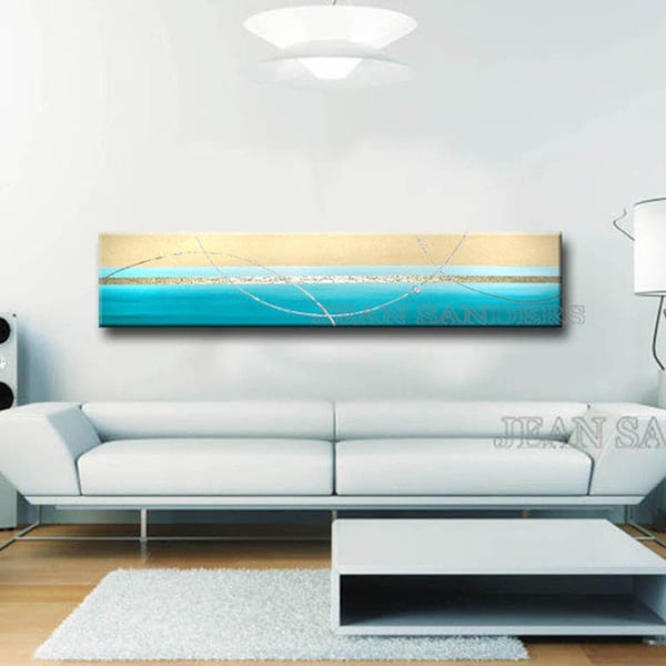 JEAN SANDERS - 150x30cm - pertrol, türkis, creme, silber gold. Wanddeko edel, mit Sandstruktur. Viele weitere handgemalte Bilder im Shop