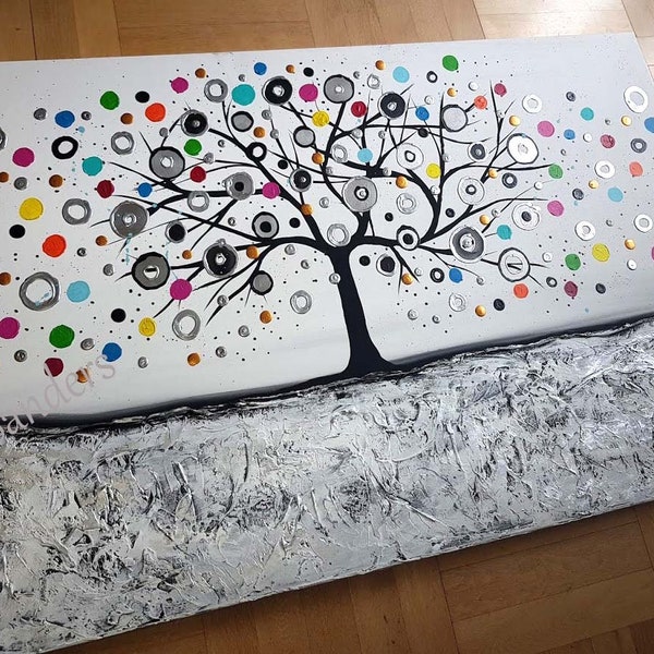 Jean Sanders - Bild Gemälde mit Struktur Grossformat - 150x100x4cm. Baum modern abstrakt bunt farbenfroh. Noch viel mehr zu finden im Shop!