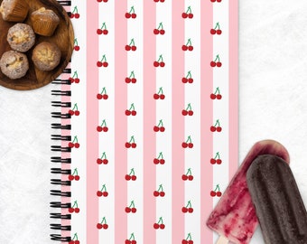 Spiral notebook, Cherry Theme Notebook, Cherry Striped Notebook, Mothers Day Gift