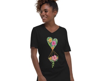 Womens Short Sleeve V-Neck T-Shirt, Heart and Flowers T-Shirt, Mothers Day Gift