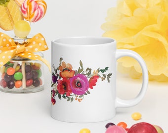 Weißer glänzender Becher, Blumenliebhaber Becher, Muttertagsgeschenk, Blumenbecher