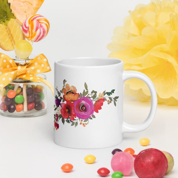 White glossy mug, Flower Lover Mug, Mothers Day Gift, Floral Mug