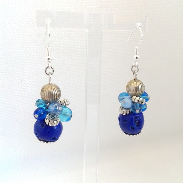 Fancy earrings, "Grelot" beads, Blue and silver, unique piece, original creation, 925 sterling silver hooks