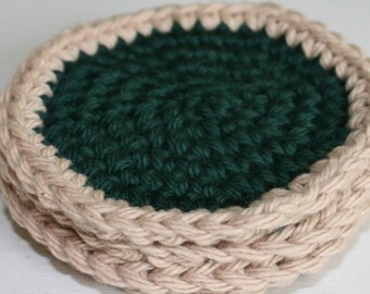 Add a small touch with coasters.  Hand crocheted Forest Green with Tan accents around the edge.  Made in a  set of 4.  Glasses not included