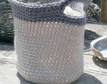 Basket and or Tote.  This adorable hand chrocheted basket is made with tones of white and gray.  (Items in tote not included)