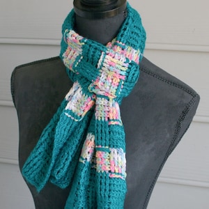 Hand Crocheted Long Scarf thats textured, airy and striped.  A beautiful deep turquoise and striped in rainbow colors.