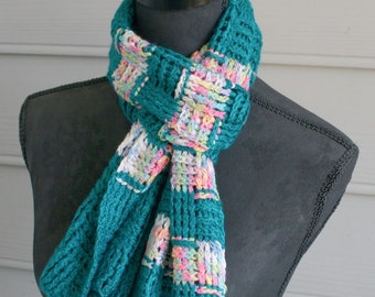 Hand Crocheted Long Scarf thats textured, airy and striped.  A beautiful deep turquoise and striped in rainbow colors.