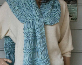Hand Knitted Long Scarf or Shawl thats textured, airy and light. Made with a combination of blue and green yarns