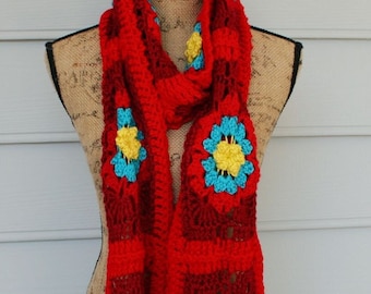 Hand Crocheted Long Scarf.  Red dominates with turquoise and yellow flowers