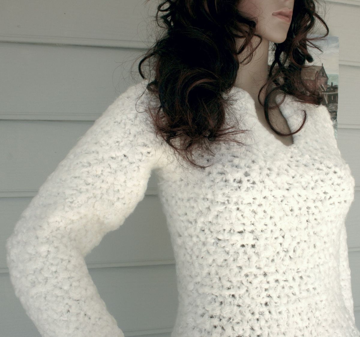 Suéter de punto blanco cremoso con mangas largas y escote de Etsy