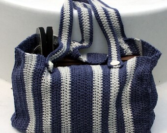 Dark Blue and Gray make this vertical striped tote ready for work or play.  Distinguished and practical and just the right size.