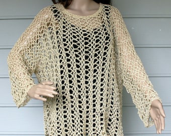 Size Large/XLarge.  Hand crocheted beige summer cover up.  Wear overe a tank top or as a swimsuit cover up.  Great for Summer sun.