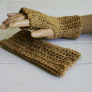 Fingerless Gloves Hand Crocheted in a beautiful toffee brown color.  Lacy and Dainty