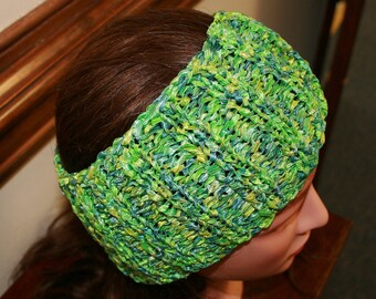 Hand knitted Ribbon Headband, In shades of green and a perfect accessory for those days you need a little cover
