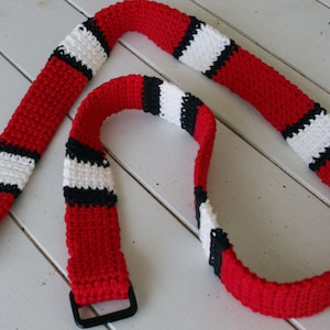 Hand Crocheted Belt in snake-like colors of Red Black and White. Belt is XL and measures 47&quot;.  All cotton yarn
