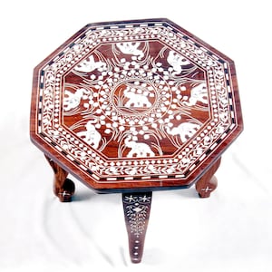 Handmade Inlaid Octagonal Side Table: Natural Wood End Table