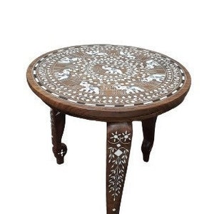 Handmade Wooden Side Table: Round Elephant Inlay, Foldable