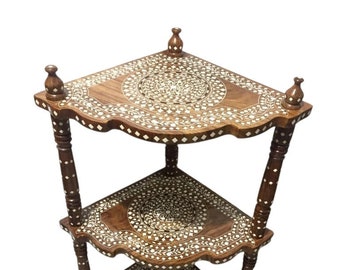 Mesa de madeira maciça com incrustações feitas à mão | Mesa de canto | Mesa lateral | Mesa lateral | Mesa de apoio | Mesa de abajur | Mesa de cunha