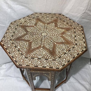 Exquisite Bone Inlay Detailing on Handcrafted Octagonal Wooden Table - Timeless Beauty