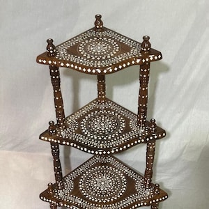 Wooden Corner Table with Elegant Hand Inlay, Natural Wood 4 tier Table - Easy assembly, Spillproof Coating