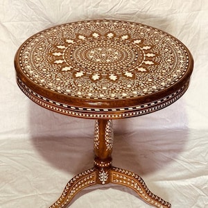 Antique finish Bone inlay Pedestal table,Inlaid End table, Round Natural wood Side Table- Spill-Resistant Coating, Contact for Custom sizes