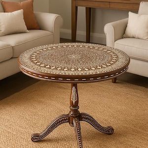 Handmade Inlaid Round Pedestal Table – 34" Natural Wood, Antique Finish, Spill-Resistant, Artisan Coffee Table