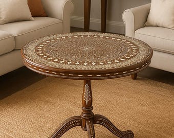 Mesa de sala de estar redonda com pedestal embutido feito à mão, sob medida, mesa de jantar com acabamento antigo em madeira maciça (30 polegadas de altura)