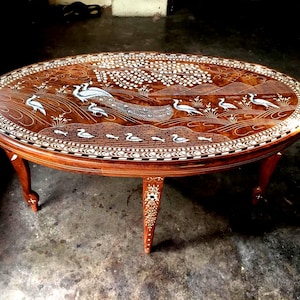Custom-Made Wooden Coffee Table with Pearl white Inlay, Oval Peacock inlaid Center Table - Removable top, Spill-Resistant Coating