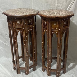 Antique finish Bone inlay Side tables or Inlaid bedside tables (Set of 2) 14x14x20 inches each- Spill-Resistant Coating