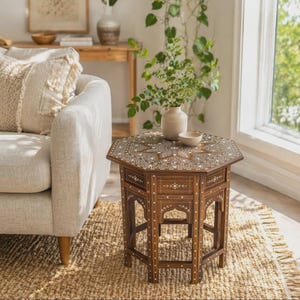 Octagonal Accent Table with Floral Inlay | Side Table | End Table | Spillproof coating | Custom Made | 100% Handmade