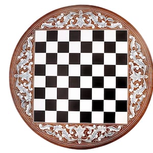 Kundenspezifischer hölzerner runder Schachtisch mit schwarzer und perlweißer Inlay-Runde
