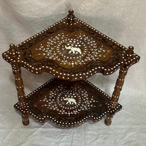 Wooden Corner Table with Elegant Elephant Inlay, Natural Wood Table - Easy assembly