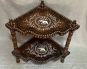 Mesa de canto de madeira personalizada com elegante incrustação de elefante, mesa de madeira natural - fácil montagem