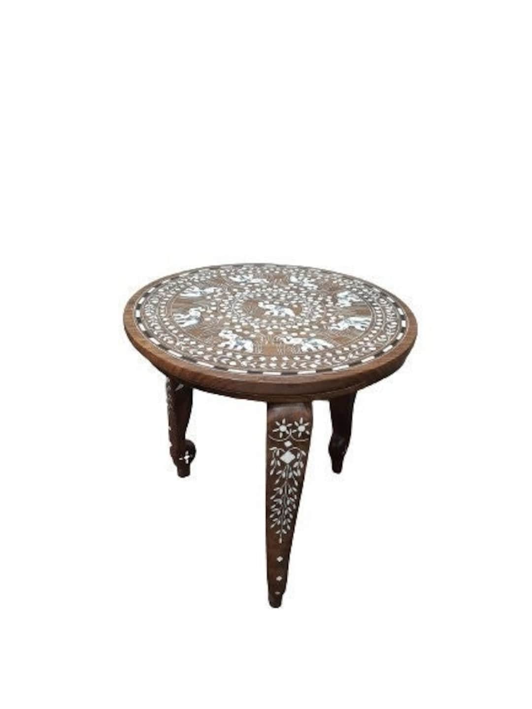 Custom-made Round Wooden Corner Table With Elephant Inlay, Natural Wood ...